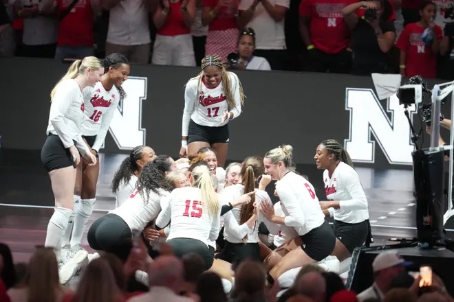 Aug 27, 2026; Arlington, TX, USA; Nebraska Cornhuskers players celebrate after defeating the SMU Mustangs to win the Spikes Under the Lights championship at AT & T Stadium. Mandatory Credit: Chris Jones-Imagn Images