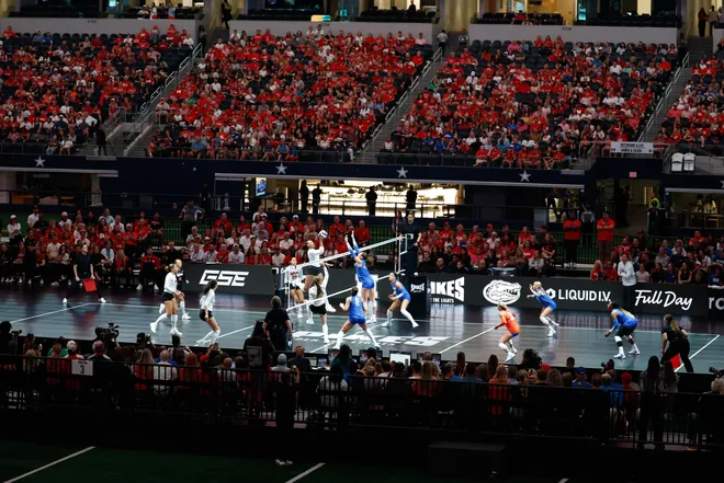 Aug 27, 2026; Arlington, TX, USA; the Florida Gators and Nebraska Cornhuskers compete during their volleyball match at AT & T Stadium. Mandatory Credit: Chris Jones-Imagn Images