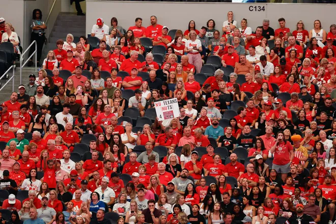 Aug 27, 2026; Arlington, TX, USA; Nebraska Cornhuskers fans cheer during the volleyball match against the Florida Gators at AT & T Stadium. Mandatory Credit: Chris Jones-Imagn Images