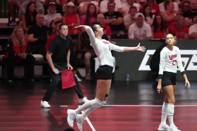 Aug 27, 2026; Arlington, TX, USA; Nebraska Cornhuskers opposite hitter Virginia Adriano (3) serves the ball during their volleyball match against the SMU Mustangs at AT & T Stadium. Mandatory Credit: Chris Jones-Imagn Images