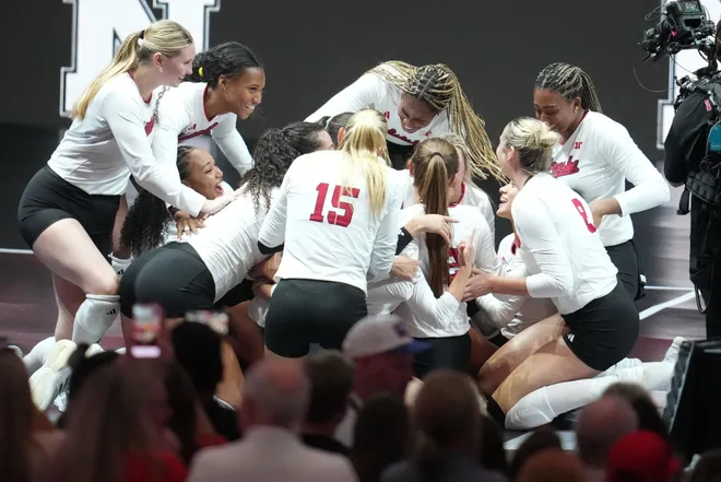 Aug 27, 2026; Arlington, TX, USA; Nebraska Cornhuskers players celebrate after defeating the SMU Mustangs to win the Spikes Under the Lights championship at AT & T Stadium. Mandatory Credit: Chris Jones-Imagn Images