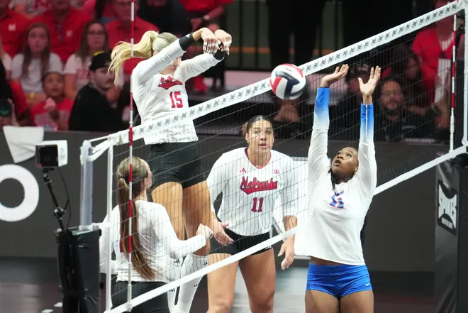 Aug 27, 2026; Arlington, TX, USA; Nebraska Cornhuskers middle blocker Andi Jackson (15) attacks the ball against the SMU Mustangs during their volleyball match at AT & T Stadium. Mandatory Credit: Chris Jones-Imagn Images