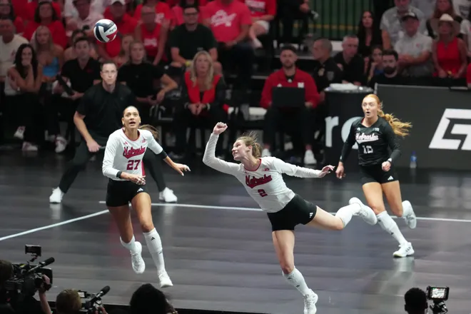 Aug 28, 2026; Arlington, TX, USA; Nebraska Cornhuskers setter Bergen Reilly (2) dives for the ball during their volleyball match against the SMU Mustangs at AT & T Stadium. Mandatory Credit: Chris Jones-Imagn Images