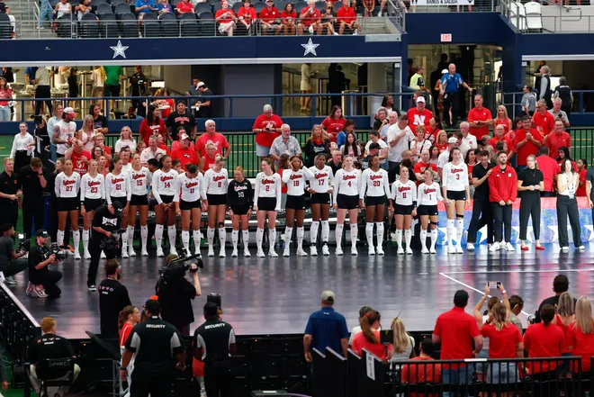 Aug 27, 2026; Arlington, TX, USA; The Nebraska Cornhuskers are introduced before their volleyball match at AT & T Stadium. Mandatory Credit: Chris Jones-Imagn Images