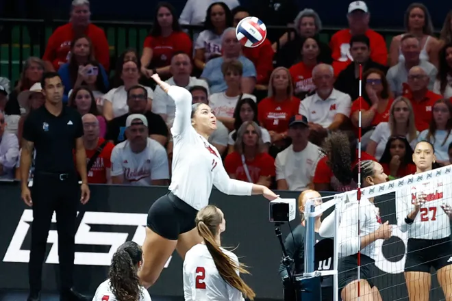 Aug 27, 2026; Arlington, TX, USA; Nebraska Cornhuskers outside hitter Teraya Sigler (11) attacks the ball against the Florida Gators during their volleyball match at AT & T Stadium. Mandatory Credit: Chris Jones-Imagn Images