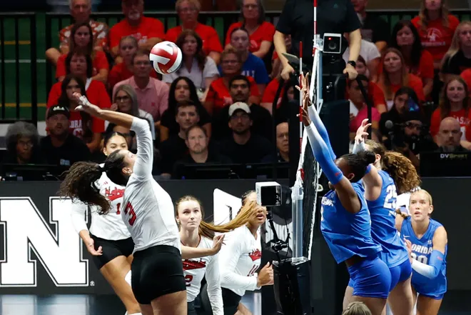 Aug 27, 2026; Arlington, TX, USA; Nebraska Cornhuskers opposite hitter Virginia Adriano (3) attacks the ball against the Florida Gators during their volleyball match at AT & T Stadium. Mandatory Credit: Chris Jones-Imagn Images
