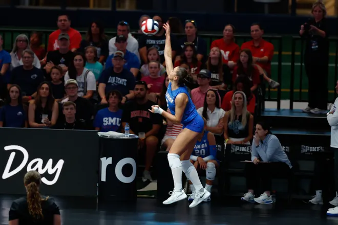 Aug 27, 2026; Arlington, TX, USA; Florida Gators outside hitter Selena Leban (5) serves the ball during their volleyball match against the Nebraska Cornhuskers at AT & T Stadium. Mandatory Credit: Chris Jones-Imagn Images