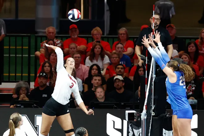 Aug 27, 2026; Arlington, TX, USA; Nebraska Cornhuskers opposite hitter Virginia Adriano (3) attacks the ball against the Florida Gators during their volleyball match at AT & T Stadium. Mandatory Credit: Chris Jones-Imagn Images
