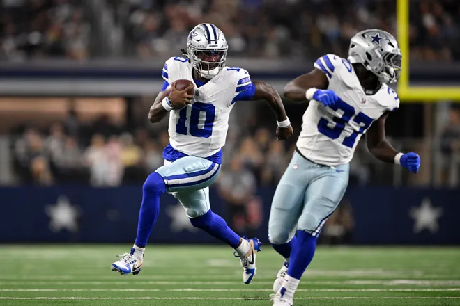Aug 28, 2026; Arlington, Texas, USA; Dallas Cowboys quarterback Joe Milton III (10) runs against the New Orleans Saints during the first quarter at AT & T Stadium. Mandatory Credit: Jerome Miron-Imagn Images