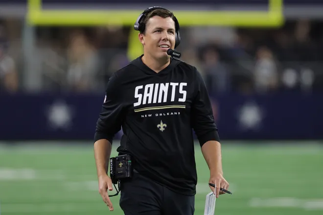Aug 28, 2026; Arlington, Texas, USA; New Orleans Saints head coach Kellen Moore looks on in the first half against the Dallas Cowboys at AT & T Stadium. Mandatory Credit: Kevin Jairaj-Imagn Images