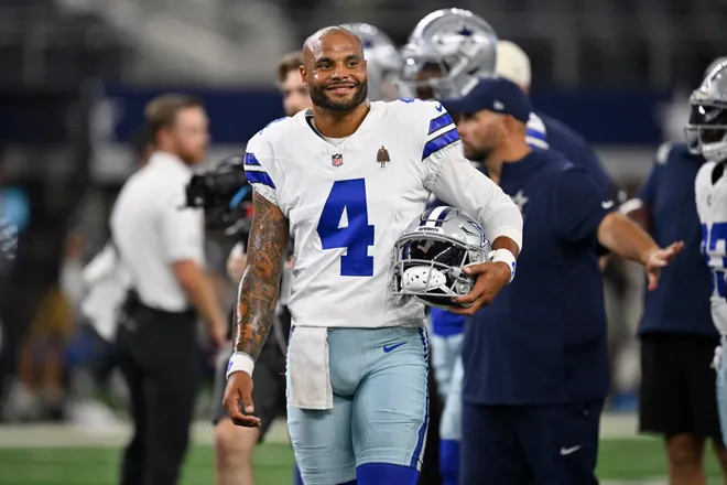 Aug 28, 2026; Arlington, Texas, USA; Dallas Cowboys quarterback Dak Prescott (4) looks on before the game against the New Orleans Saints at AT & T Stadium. Mandatory Credit: Jerome Miron-Imagn Images