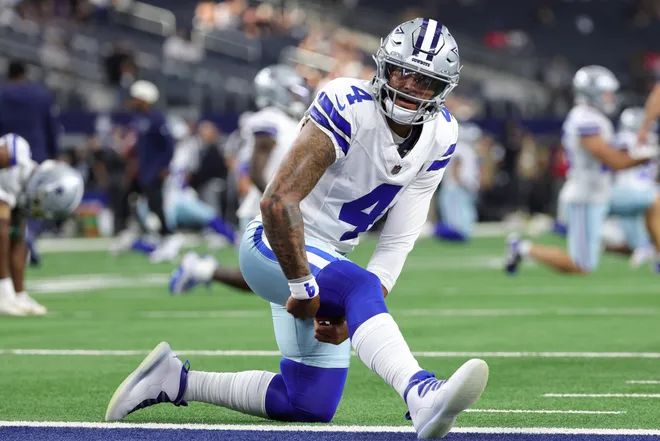 Aug 28, 2026; Arlington, Texas, USA; Dallas Cowboys quarterback Dak Prescott (4) warms up before the game against the New Orleans Saints at AT & T Stadium. Mandatory Credit: Kevin Jairaj-Imagn Images