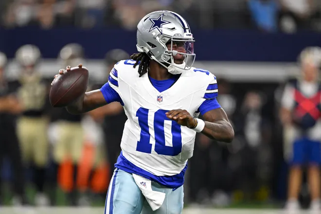 Aug 28, 2026; Arlington, Texas, USA; Dallas Cowboys quarterback Joe Milton III (10) looks to pass against the New Orleans Saints in the first quarter at AT & T Stadium. Mandatory Credit: Jerome Miron-Imagn Images