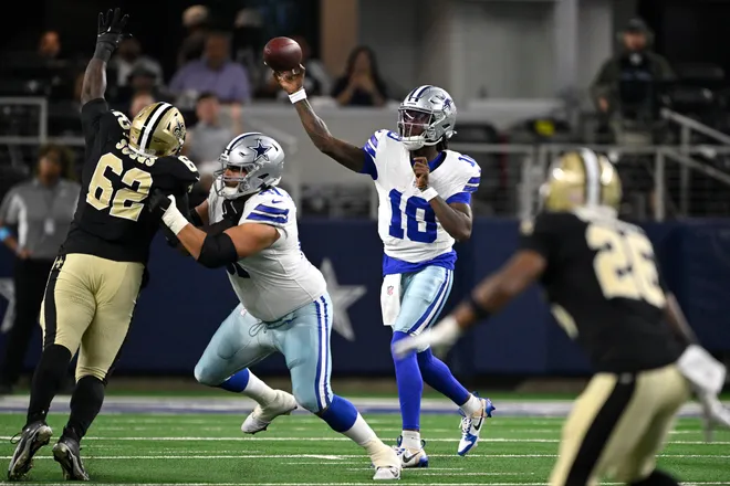 Aug 28, 2026; Arlington, Texas, USA; Dallas Cowboys quarterback Joe Milton III (10) throws a pass against the New Orleans Saints during the second quarter at AT & T Stadium. Mandatory Credit: Jerome Miron-Imagn Images