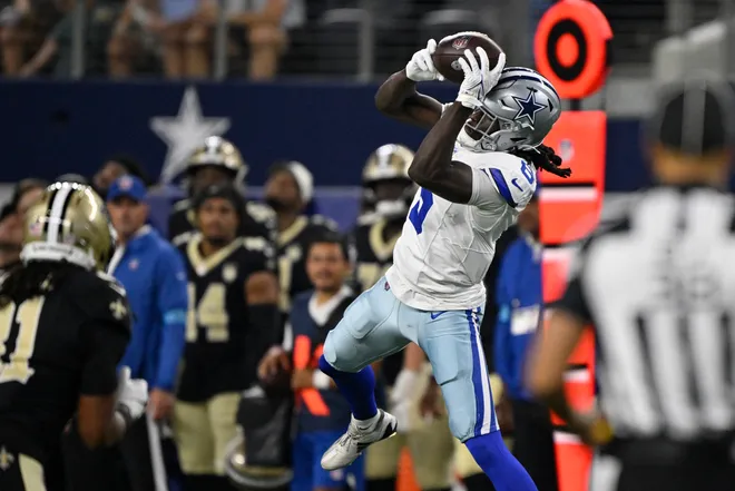 Aug 28, 2026; Arlington, Texas, USA; Dallas Cowboys wide receiver Camden Brown (6) makes a catch against the New Orleans Saints during the second quarter at AT & T Stadium. Mandatory Credit: Jerome Miron-Imagn Images