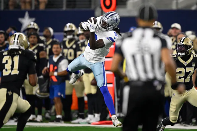 Aug 28, 2026; Arlington, Texas, USA; Dallas Cowboys wide receiver Camden Brown (6) makes a catch against the New Orleans Saints during the second quarter at AT & T Stadium. Mandatory Credit: Jerome Miron-Imagn Images