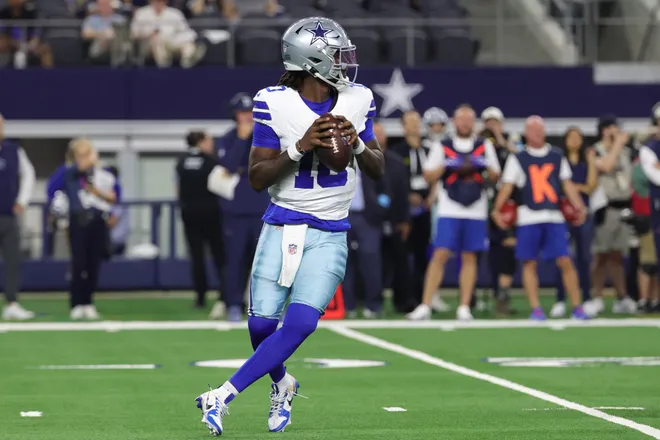 Aug 28, 2026; Arlington, Texas, USA; Dallas Cowboys quarterback Joe Milton III (10) looks to pass against the New Orleans Saints during the second quarter at AT & T Stadium. Mandatory Credit: Kevin Jairaj-Imagn Images