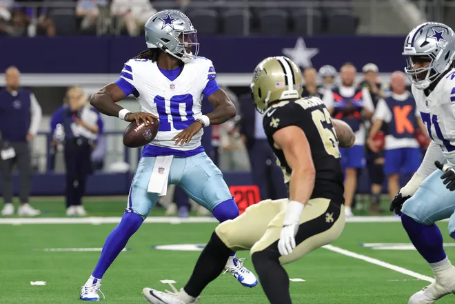 Aug 28, 2026; Arlington, Texas, USA; Dallas Cowboys quarterback Joe Milton III (10) looks to pass against the New Orleans Saints during the second quarter at AT & T Stadium. Mandatory Credit: Kevin Jairaj-Imagn Images