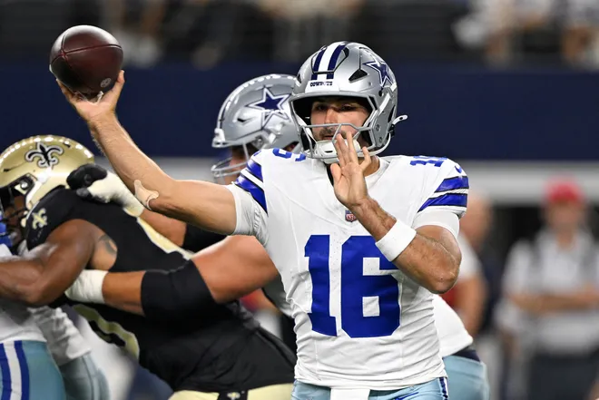 Aug 28, 2026; Arlington, Texas, USA; Dallas Cowboys quarterback Sam Howell (16) throws against the New Orleans Saints during the third quarter at AT & T Stadium. Mandatory Credit: Jerome Miron-Imagn Images