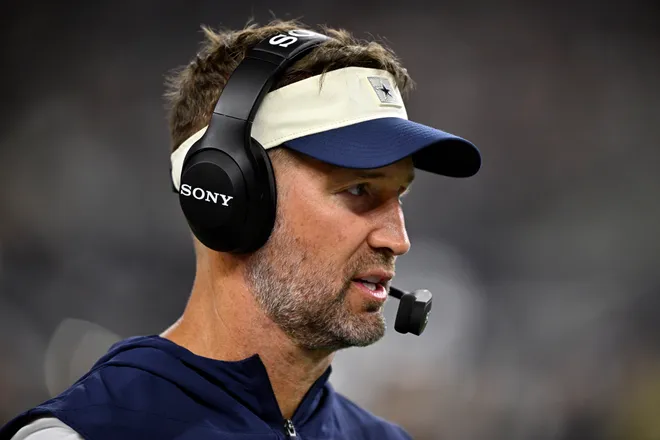 Aug 28, 2026; Arlington, Texas, USA; Dallas Cowboys head coach Brian Schottenheimer looks on during the second half against the New Orleans Saints at AT & T Stadium. Mandatory Credit: Jerome Miron-Imagn Images