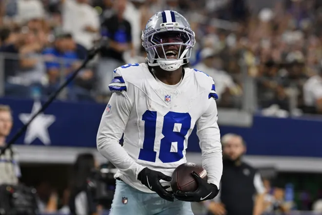 Aug 28, 2026; Arlington, Texas, USA; Dallas Cowboys wide receiver Jordan Hudson (18) celebrates after scoring a touchdown against the New Orleans Saints during the second half at AT & T Stadium. Mandatory Credit: Jerome Miron-Imagn Images