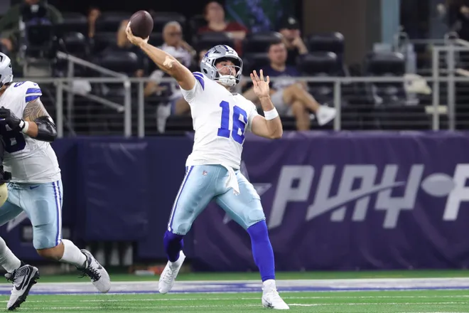 Aug 28, 2026; Arlington, Texas, USA; Dallas Cowboys quarterback Sam Howell (16) throws a pass against the New Orleans Saints during the second half at AT & T Stadium. Mandatory Credit: Kevin Jairaj-Imagn Images