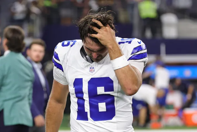 Aug 28, 2026; Arlington, Texas, USA; Dallas Cowboys quarterback Sam Howell (16) reacts after the game against the New Orleans Saints at AT & T Stadium. Mandatory Credit: Kevin Jairaj-Imagn Images