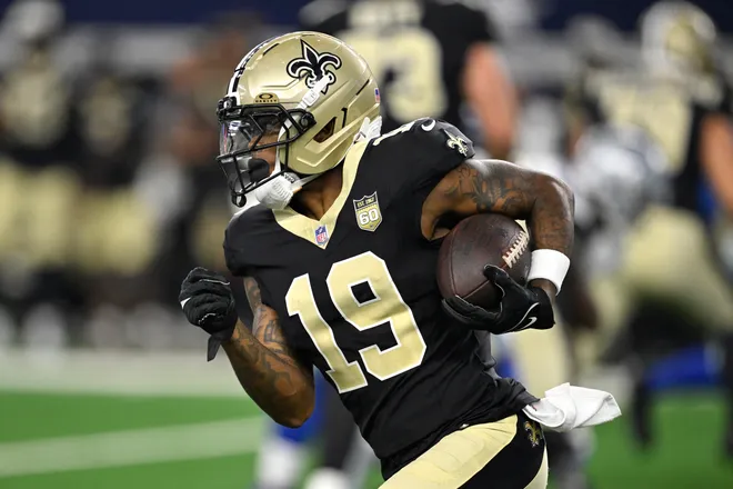 Aug 28, 2026; Arlington, Texas, USA; New Orleans Saints wide receiver Barion Brown (19) runs against the Dallas Cowboys in the first quarter at AT & T Stadium. Mandatory Credit: Jerome Miron-Imagn Images
