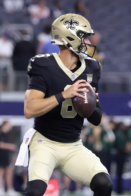 Aug 28, 2026; Arlington, Texas, USA; New Orleans Saints quarterback Tyler Shough (6) warms up before the game against the Dallas Cowboys at AT & T Stadium. Mandatory Credit: Kevin Jairaj-Imagn Images