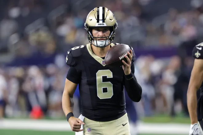 Aug 28, 2026; Arlington, Texas, USA; New Orleans Saints quarterback Tyler Shough (6) warms up before the game against the Dallas Cowboys at AT & T Stadium. Mandatory Credit: Kevin Jairaj-Imagn Images