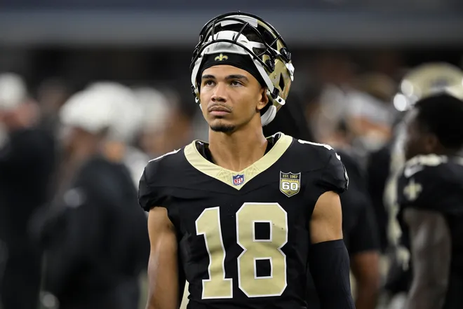 Aug 28, 2026; Arlington, Texas, USA; New Orleans Saints wide receiver Bryce Lance (18) looks on before the game against the Dallas Cowboys at AT & T Stadium. Mandatory Credit: Jerome Miron-Imagn Images