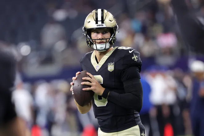Aug 28, 2026; Arlington, Texas, USA; New Orleans Saints quarterback Tyler Shough (6) warms up before the game against the Dallas Cowboys at AT & T Stadium. Mandatory Credit: Kevin Jairaj-Imagn Images