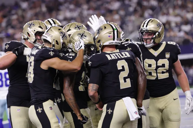 Aug 28, 2026; Arlington, Texas, USA; New Orleans Saints wide receiver Barion Brown (19) celebrates with teammates after scoring a touchdown against the Dallas Cowboys during the first quarter at AT & T Stadium. Mandatory Credit: Kevin Jairaj-Imagn Images