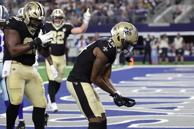 Aug 28, 2026; Arlington, Texas, USA; New Orleans Saints wide receiver Barion Brown (19) celebrates after scoring a touchdown against the Dallas Cowboys during the first quarter at AT & T Stadium. Mandatory Credit: Kevin Jairaj-Imagn Images