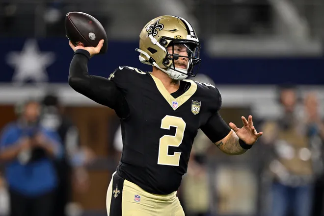 Aug 28, 2026; Arlington, Texas, USA; New Orleans Saints quarterback Spencer Rattler (2) passes against the Dallas Cowboys during the second quarter at AT & T Stadium. Mandatory Credit: Jerome Miron-Imagn Images