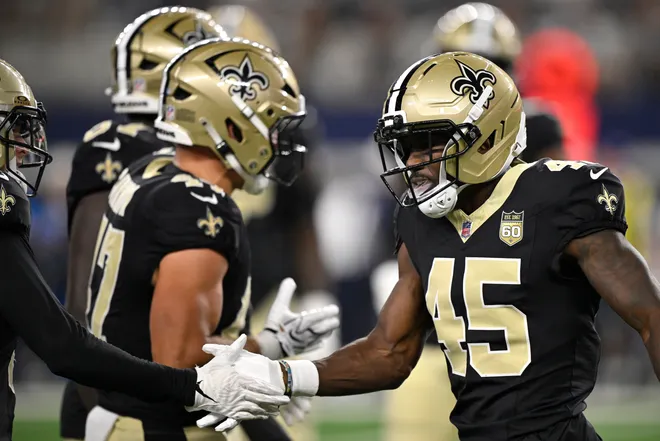Aug 28, 2026; Arlington, Texas, USA; New Orleans Saints cornerback David Long Sr. (45) react after a play against the Dallas Cowboys during the third quarter at AT & T Stadium. Mandatory Credit: Jerome Miron-Imagn Images