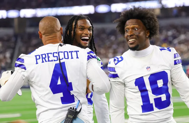 Aug 28, 2026; Arlington, Texas, USA; Dallas Cowboys quarterback Dak Prescott (4) laughs with Dallas Cowboys wide receiver Ceedee Lamb (88) and Dallas Cowboys wide receiver Ryan Flournoy (19) during the second half against the New Orleans Saints at AT & T Stadium. Mandatory Credit: Kevin Jairaj-Imagn Images