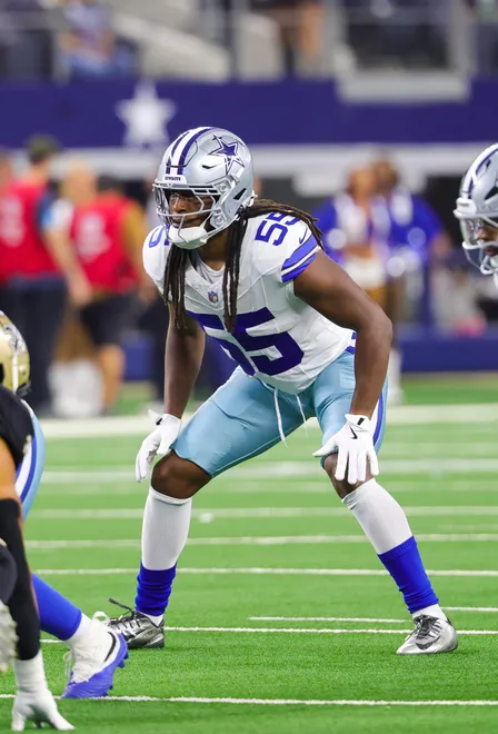 Aug 28, 2026; Arlington, Texas, USA; Dallas Cowboys linebacker Jaishawn Barham (55) on defense during the first half against the New Orleans Saints at AT & T Stadium. Mandatory Credit: Kevin Jairaj-Imagn Images