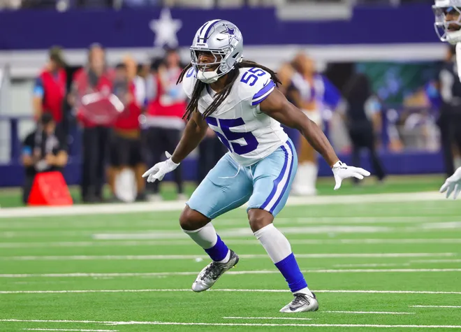 Aug 28, 2026; Arlington, Texas, USA; Dallas Cowboys linebacker Jaishawn Barham (55) on defense during the first half against the New Orleans Saints at AT & T Stadium. Mandatory Credit: Kevin Jairaj-Imagn Images