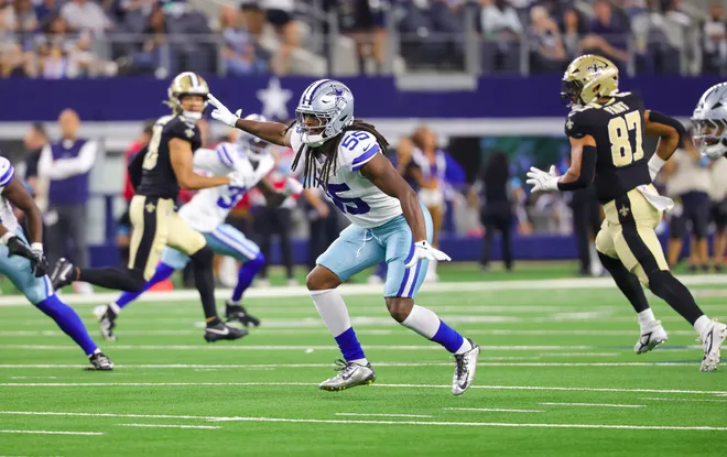 Aug 28, 2026; Arlington, Texas, USA; Dallas Cowboys linebacker Jaishawn Barham (55) on defense during the first half against the New Orleans Saints at AT & T Stadium. Mandatory Credit: Kevin Jairaj-Imagn Images