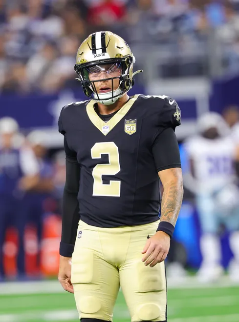 Aug 28, 2026; Arlington, Texas, USA; New Orleans Saints quarterback Spencer Rattler (2) reacts during the first half against the Dallas Cowboys at AT & T Stadium. Mandatory Credit: Kevin Jairaj-Imagn Images