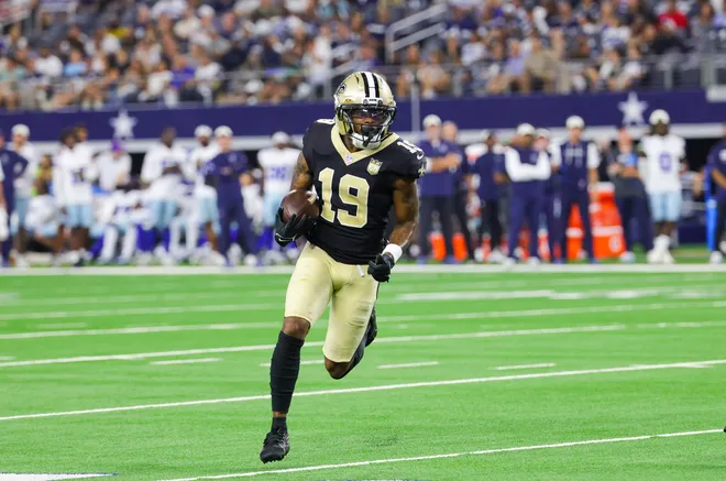 Aug 28, 2026; Arlington, Texas, USA; New Orleans Saints wide receiver Barion Brown (19) runs for a touchdown during the first half against the Dallas Cowboys at AT & T Stadium. Mandatory Credit: Kevin Jairaj-Imagn Images