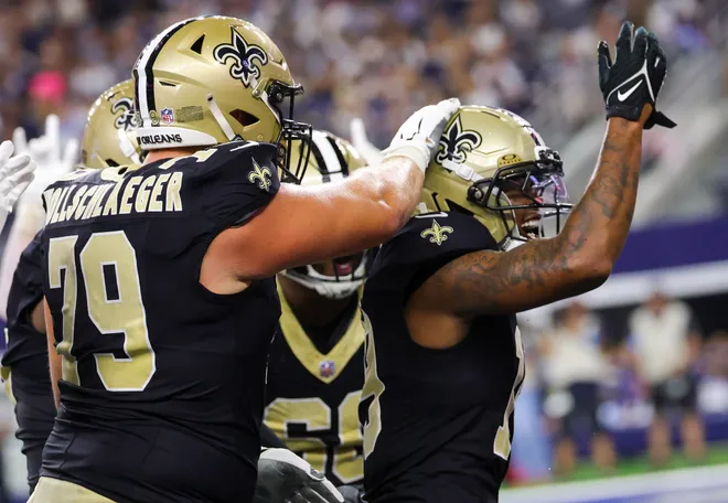 Aug 28, 2026; Arlington, Texas, USA; New Orleans Saints wide receiver Barion Brown (19) celebrates after running for a touchdown during the first half against the Dallas Cowboys at AT & T Stadium. Mandatory Credit: Kevin Jairaj-Imagn Images