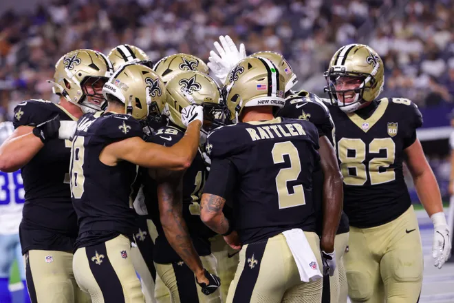 Aug 28, 2026; Arlington, Texas, USA; New Orleans Saints wide receiver Barion Brown (19) celebrates with teammates after running for a touchdown during the first half against the Dallas Cowboys at AT & T Stadium. Mandatory Credit: Kevin Jairaj-Imagn Images
