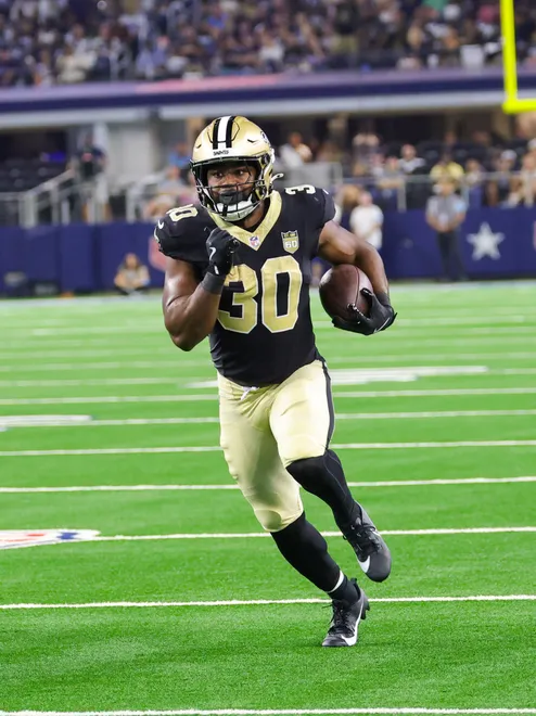 Aug 28, 2026; Arlington, Texas, USA; New Orleans Saints running back Audric Estime (30) runs with the ball during the first half against the Dallas Cowboys at AT & T Stadium. Mandatory Credit: Kevin Jairaj-Imagn Images