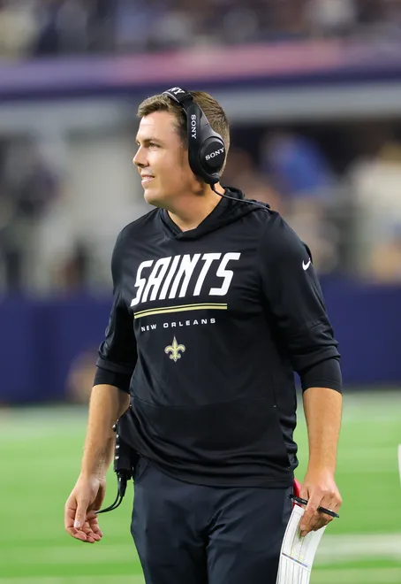 Aug 28, 2026; Arlington, Texas, USA; New Orleans Saints head coach Kellen Moore reacts during the first half against the Dallas Cowboys at AT & T Stadium. Mandatory Credit: Kevin Jairaj-Imagn Images