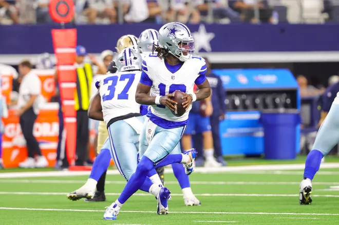 Aug 28, 2026; Arlington, Texas, USA; Dallas Cowboys quarterback Joe Milton III (10) looks to throw during the first half against the New Orleans Saints at AT & T Stadium. Mandatory Credit: Kevin Jairaj-Imagn Images