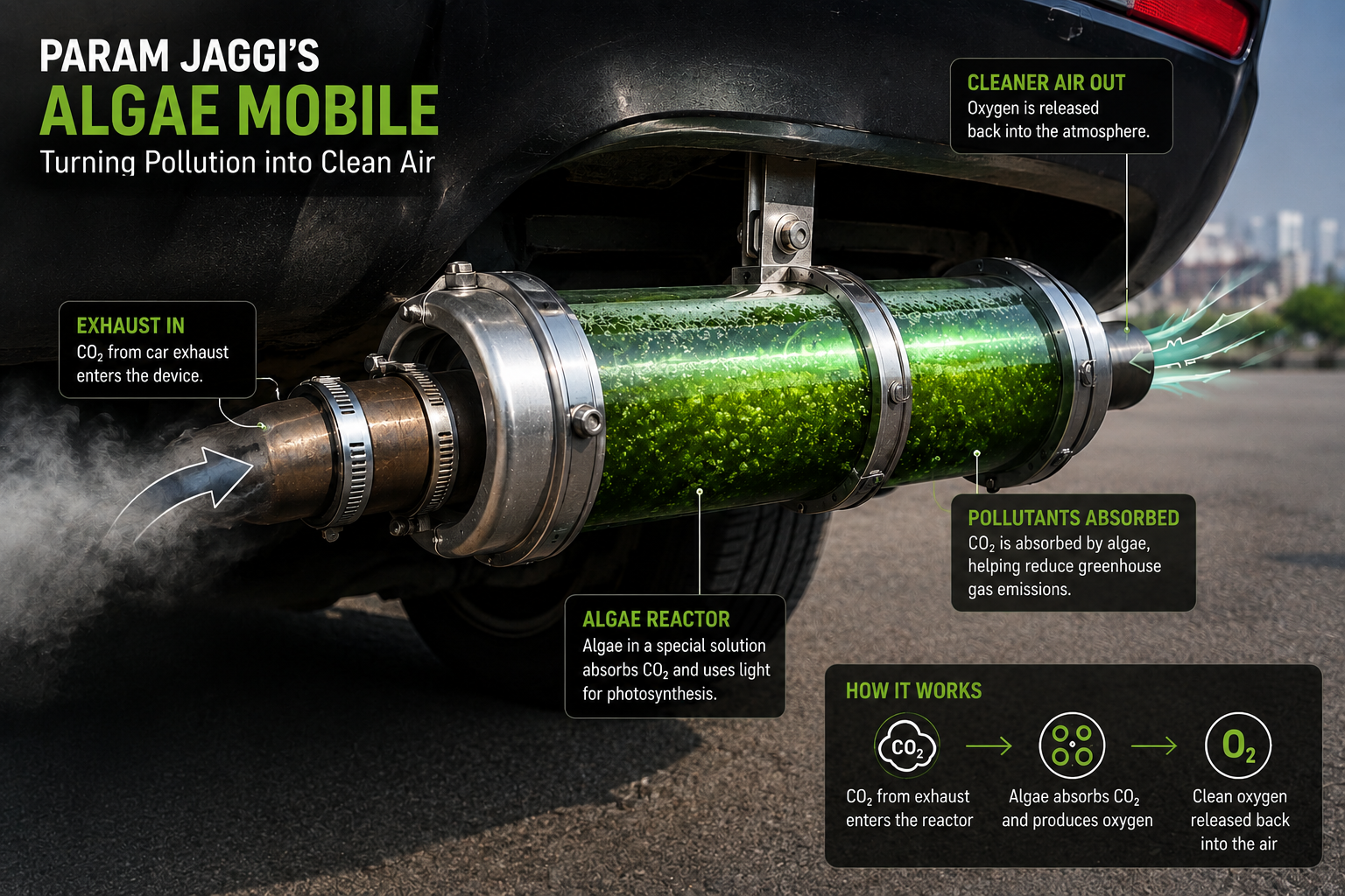 An illustration of Param Jaggi’s Algae Mobile concept, showing an algae-filled reactor connected to a car’s exhaust system to process carbon dioxide through photosynthesis. Image Credits: Wikimedia Commons. 983b70b8-de96-4a85-8553-2383f39ab474