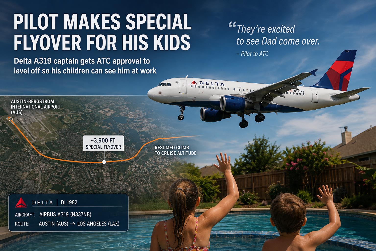 A Delta pilot requested to stay low after departure from Austin to fly over his kids in the pool