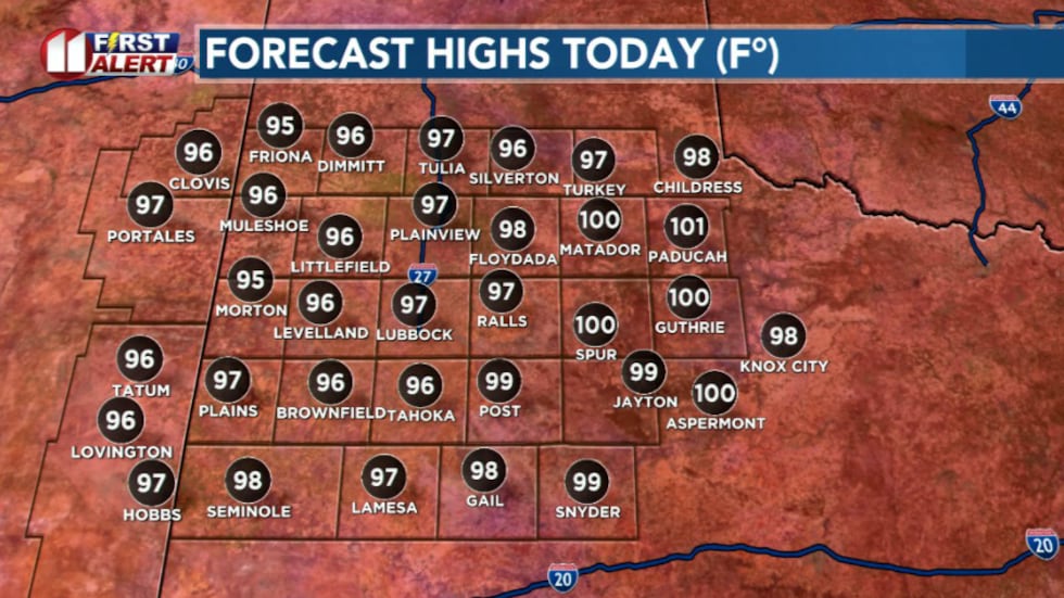 Slightly warmer today than yesterday with highs in the upper 90s and even 100s off the Caprock